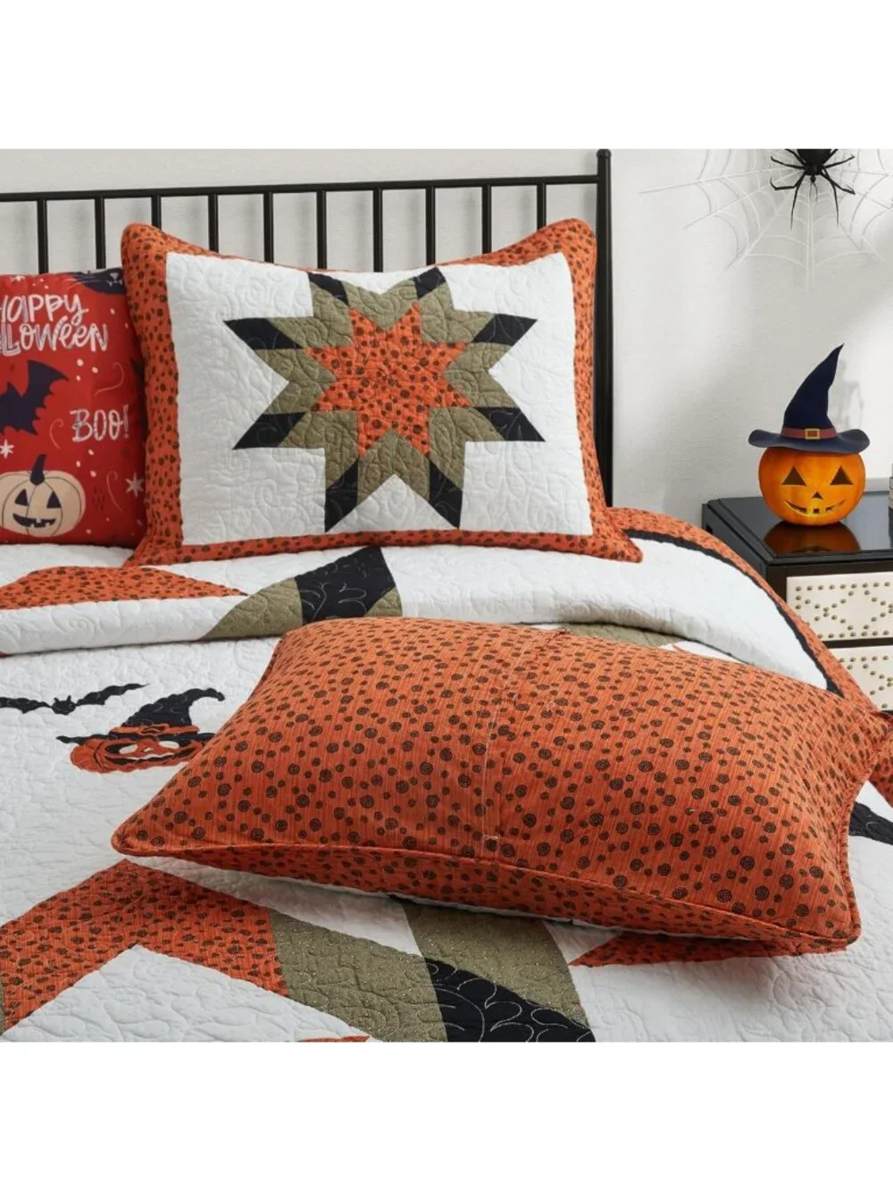 Queen Size Halloween Quilt Set - Fall Cotton Bedding, Cozy 90